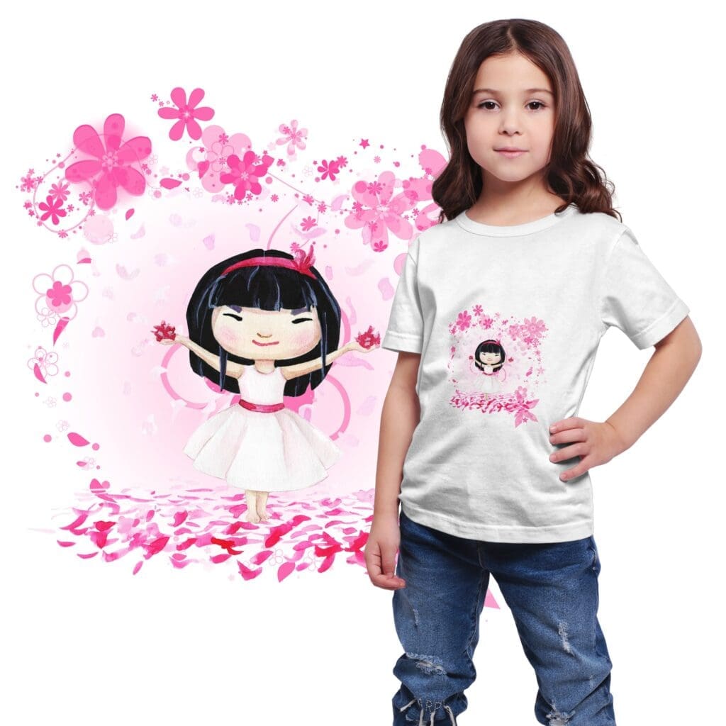 T-shirt avec motif fillette et pétales de fleurs de cerisier