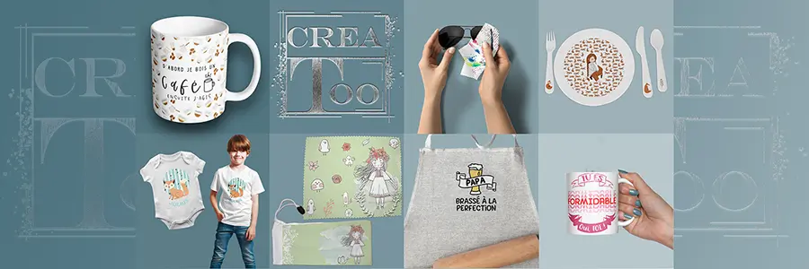 Sélection de produits réalisés par Creatoo : mug, essuie-lunettes, t-shirt