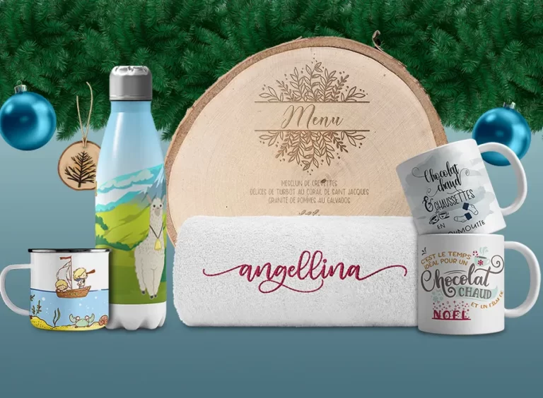 Sélection de produits personnalisés : bouteille isotherme, mugs, rondin gravé, serviette de bain brodée