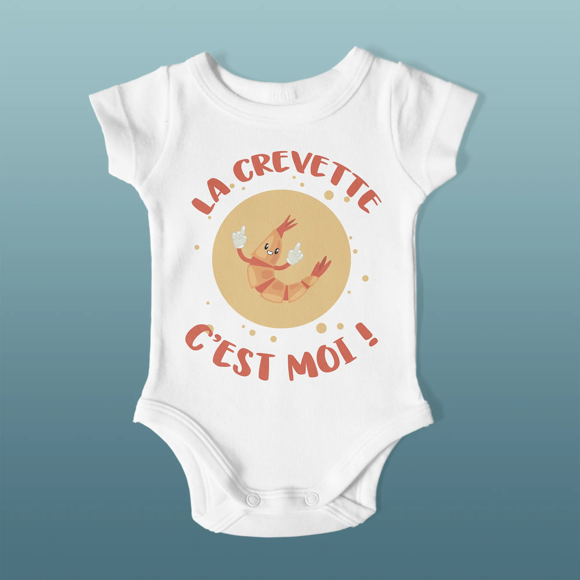 Body bébé avec un motif de crevette marqué "La crevette c'est moi"