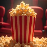 Un paquet rempli de pop-corn dans une salle de cinéma